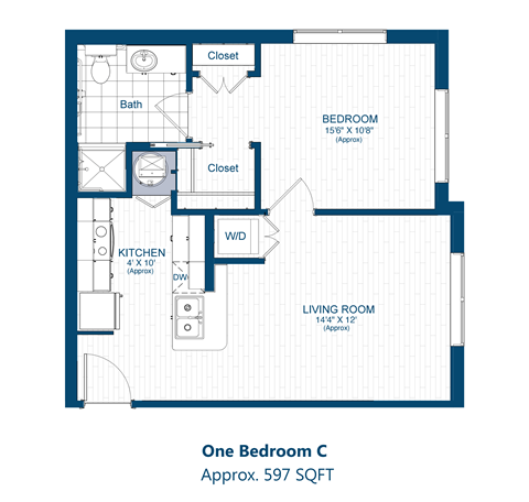 Floor plan for 1 bed, 1 bath, 597 sqft